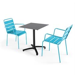Oviala Business Ensemble table de jardin stratifié ardoise gris et 2 fauteuils bleu - Oviala - bleu métal 108233_0