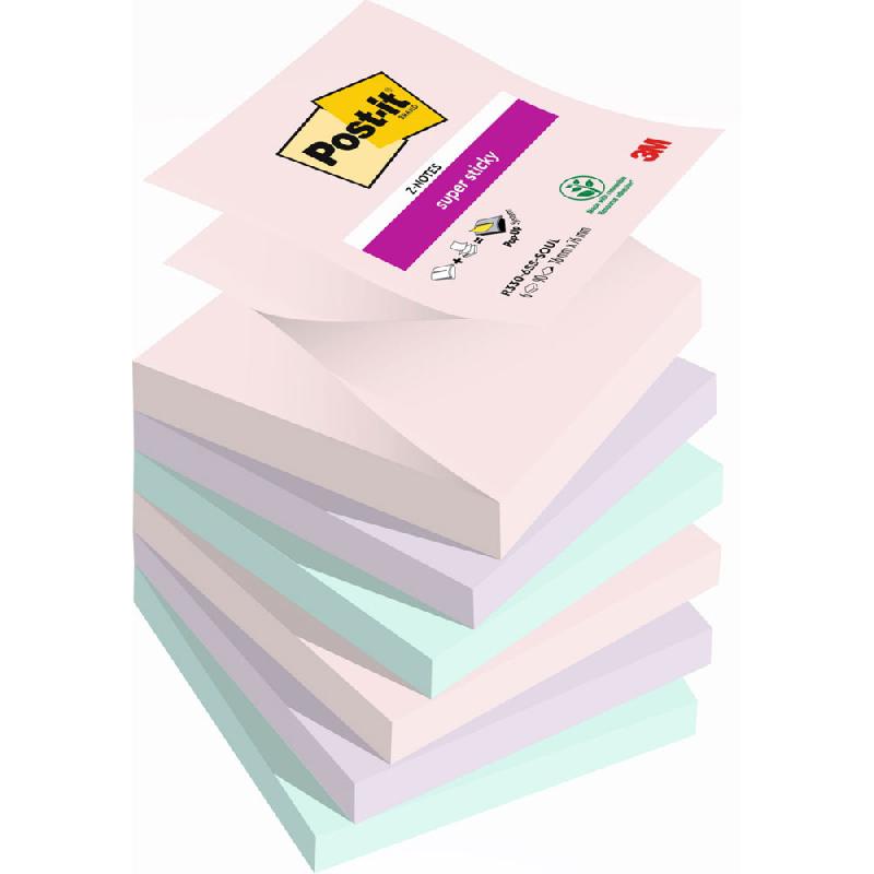 Z-NOTES REPOSITIONNABLES POST-IT SOULFUL 76 X 76 MM COLORIS ASSORTIES - 6 BLOCS DE 90 FEUILLES