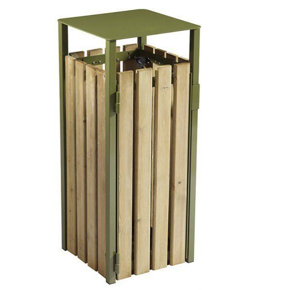 Corbeille carrée EDEN 110 litres - Vert olive - Bois et acier - Made in France - Garantie 2 ans_0