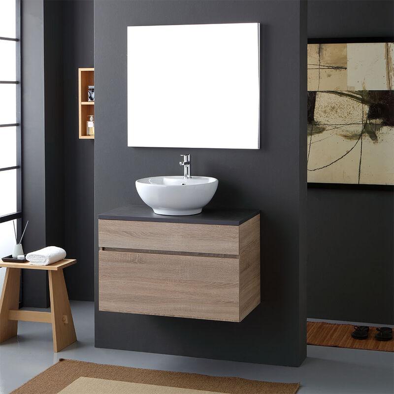 Meuble Salle De Bain Suspendu 2 Tiroirs Chêne Naturel, Lavabo Et Miroir 110x120 Vittoria