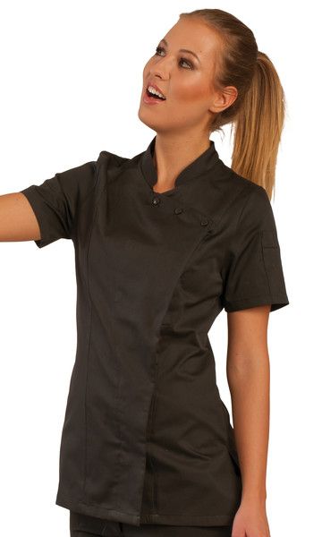 603 - Veste de cuisine femme Talbot - manches courtes - col officier et plastron asymétrique_0