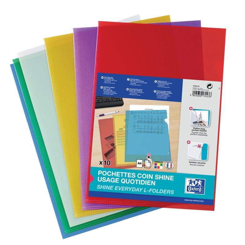 Oxford Lot de 50 Sachet de 10 pochettes coin Shine A4, en polypro lisse coloris assortis (6) - 3045050174476_0