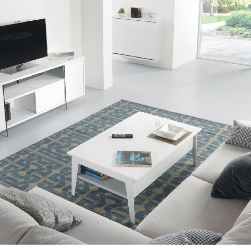 Table basse relevable Brighton - Blanc mat, piètement blanc, 110x70 cm avec espace de rangement_0