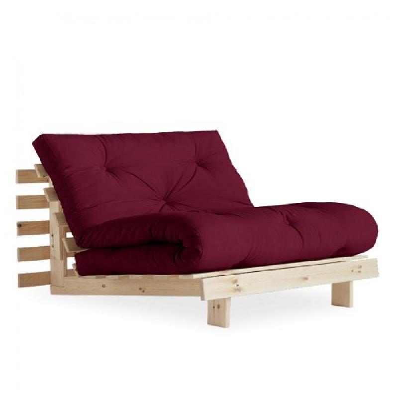 FAUTEUIL CONVERTIBLE FUTON ROOTS PIN NATUREL COLORIS BORDEAUX COUCHAGE 90 X 200 CM._0