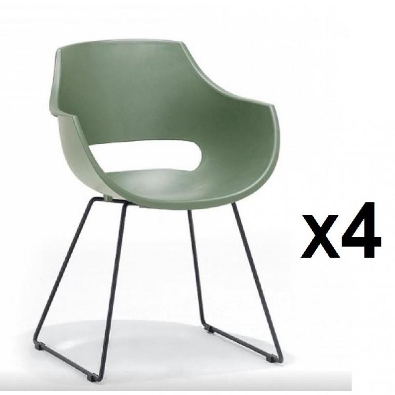 Lot de 4 chaises design Remo - coque verte mat - piétement luge métal noir mat_0