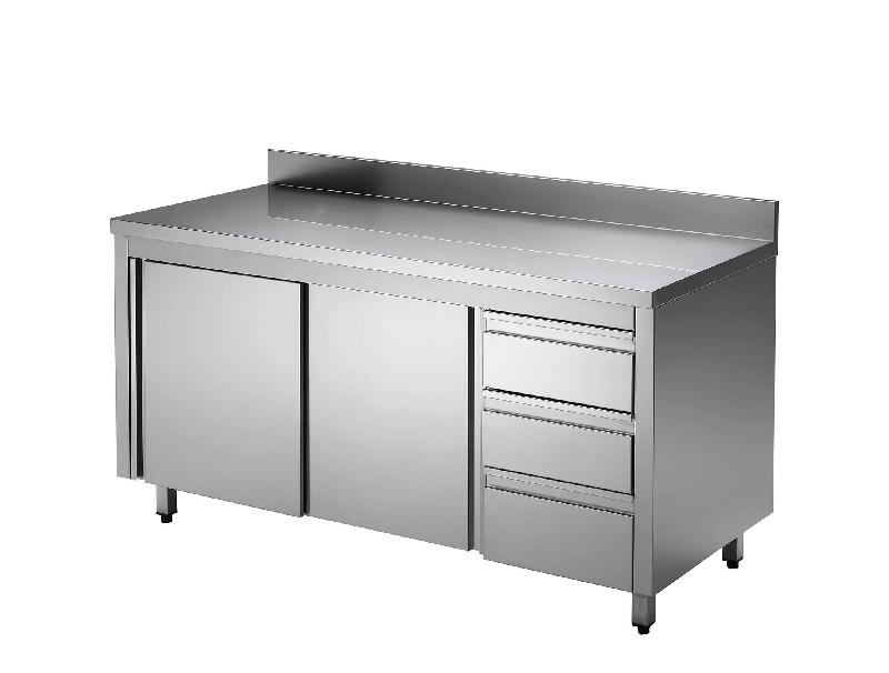 ARMOIRE DE TRAVAIL ECO EN ACIER INOXYDABLE AVEC PORTE COULISSANTE ET 3 TIROIRS À GAUCHE 20 X 7 AVEC DOSSERET / BLOC DE TIROIRS À GAUCHE