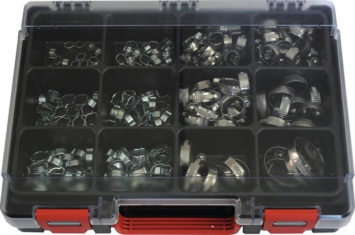 Assortiment de colliers de serrage - Boîte en plastique - 175 brides à 2 oreilles et 82 colliers pour tuyau RIEGLER_0