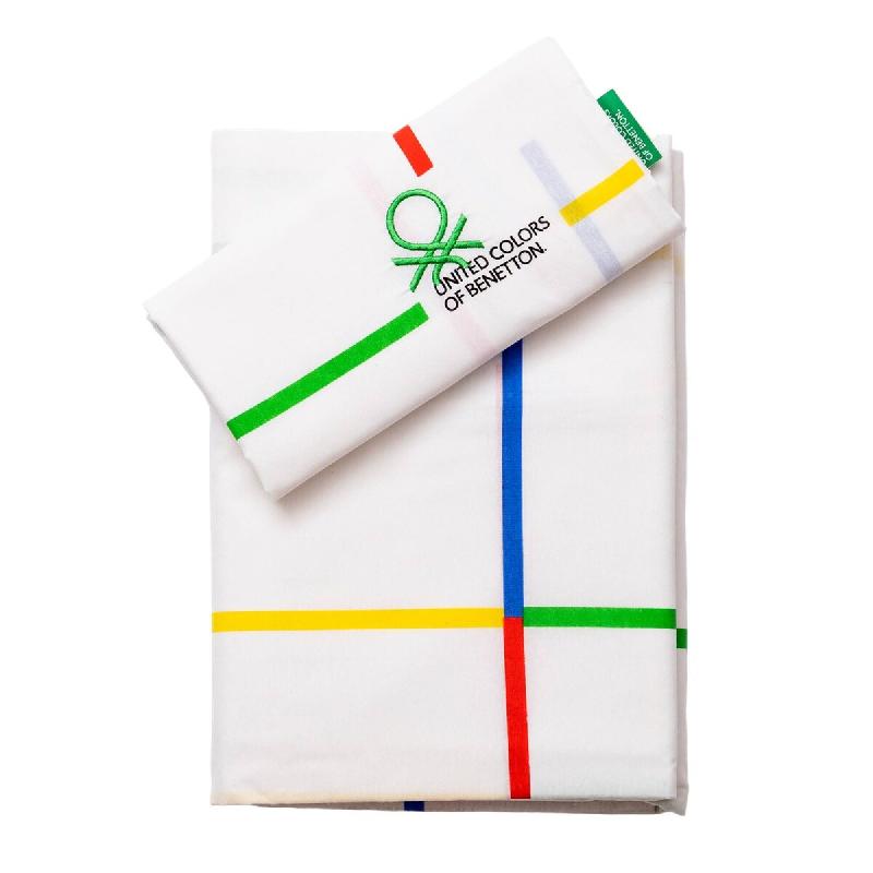 Benetton - Ensemble 3Pc Lit (Drap-Housse 90x200+30cm, Drap Plat 160x240cm, Taie d'Oreiller 45x110cm) Rainbow 70% Coton + 35% Polyester - blanc BE662_0