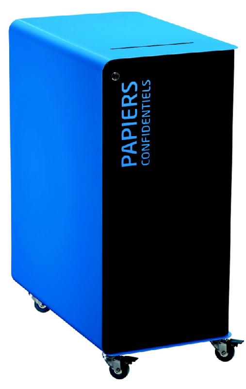 Borne de tri sélectif 90 L support-sac avec roul. Avec serrure - cubatri - gris+bleu - papiers confidentiels - fente securisee avec deflecteur + serrure cle plate_0