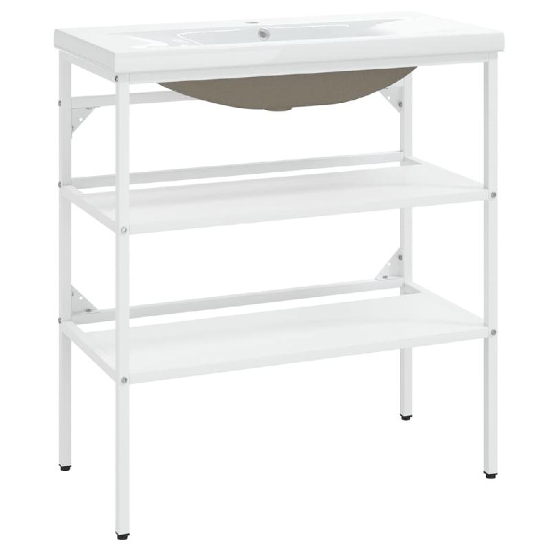 Cadre de lavabo de salle de bain 79 x 38 x 83 cm - Vasque à encastrer en céramique blanche - Structure en fer durable_0