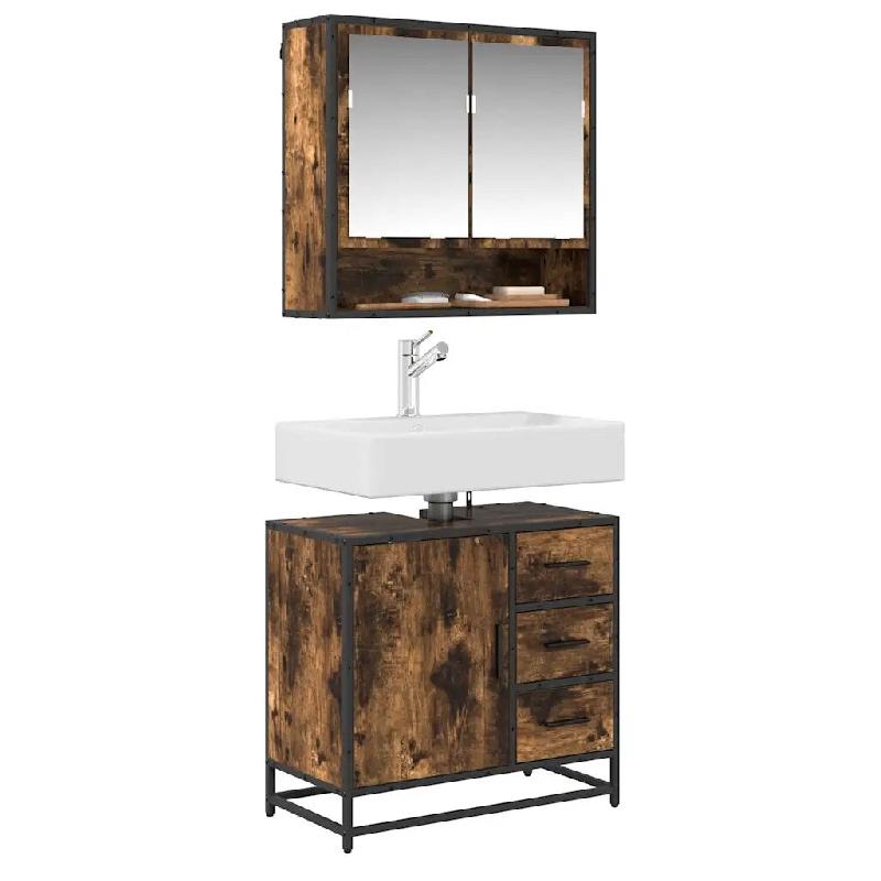 Helloshop26 - Armoire de lavabo rétro salle de bain design industriel 65 x 33 x 60 cm en bois chêne fumé 02_0049663 - métal 3000235948990_0