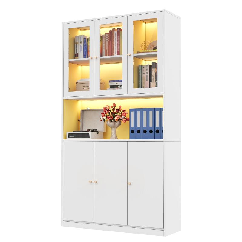 Merax Bibliothèque LED 1100 x 35 x 200 cm, vitrine avec portes vitrées, niche ouverte et 3 portes, blanche - blanc multi-matériau N880P4281089W_0