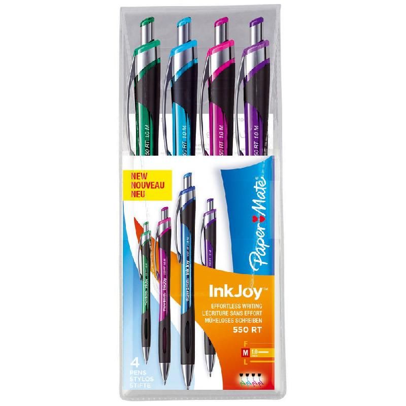 PAPER MATE STYLO BILLE RÉTRACTABLE INKJOY™ 550 COULEURS ASSORTIES 1,0 MM LOT DE 4