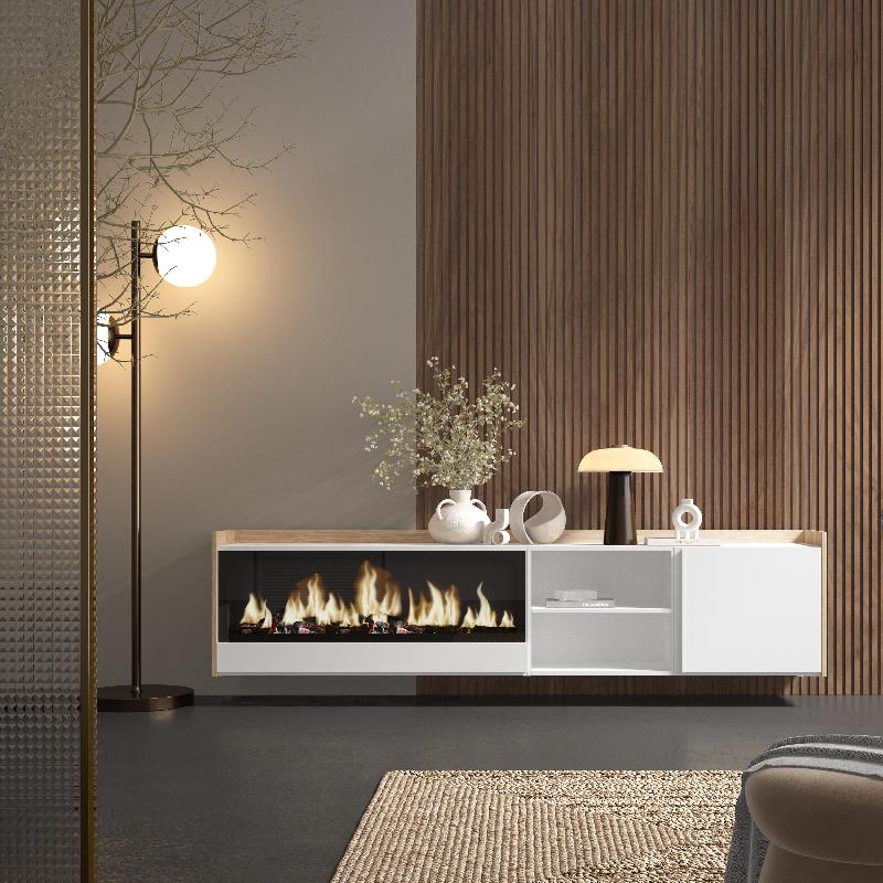 SKRAUT HOME - MEUBLE TV EFFET BOIS BLANC ET CHÊNE 212X35X50CM CHEMINÉE EFFET FEU XXL