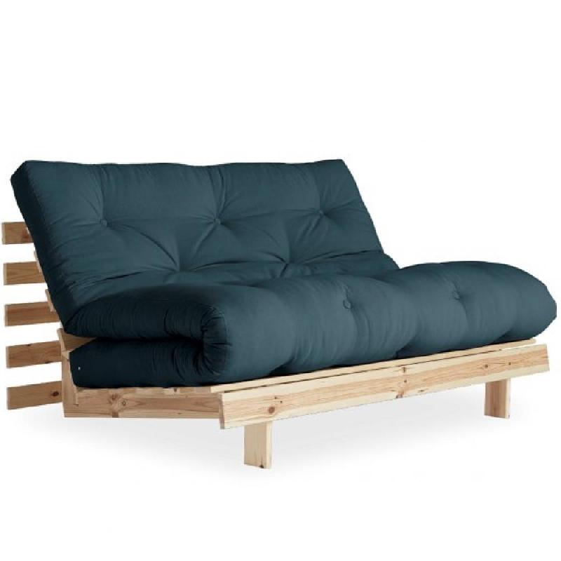 CANAPÉ CONVERTIBLE FUTON ROOTS PIN NATUREL TISSU BLEU PÉTROLE COUCHAGE 160*200 CM_0