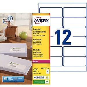 Avery LR7177 Etiquettes adresses recyclées blanches 99,1 x 42,3 mm pour imprimante laser - 100 feuilles A4 -1200 étiquettes par boîte_0