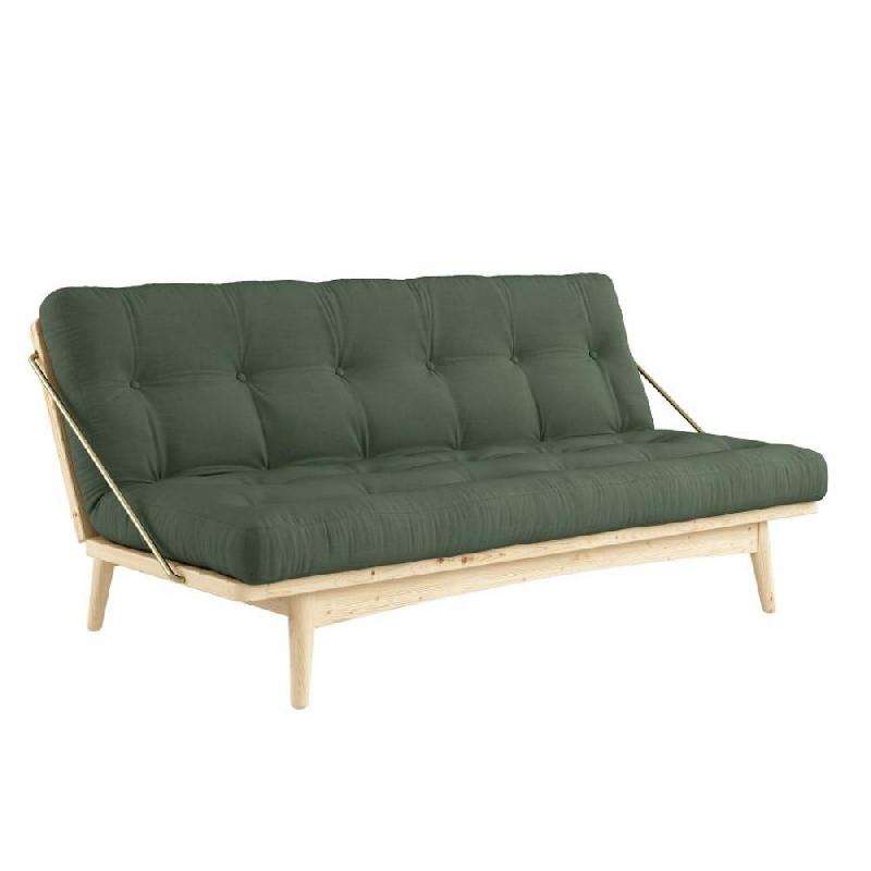 BANQUETTE FUTON FOLK EN PIN MASSIF COLORIS VERT OLIVE COUCHAGE 130 X 190 CM._0