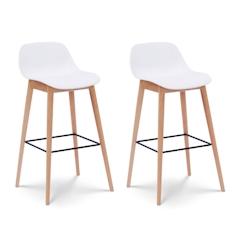 Kosmi Lot de 2 tabourets de bar blancs style scandinave avec pieds en bois naturel - Hauteur 66 cm - blanc 3760301694038_0