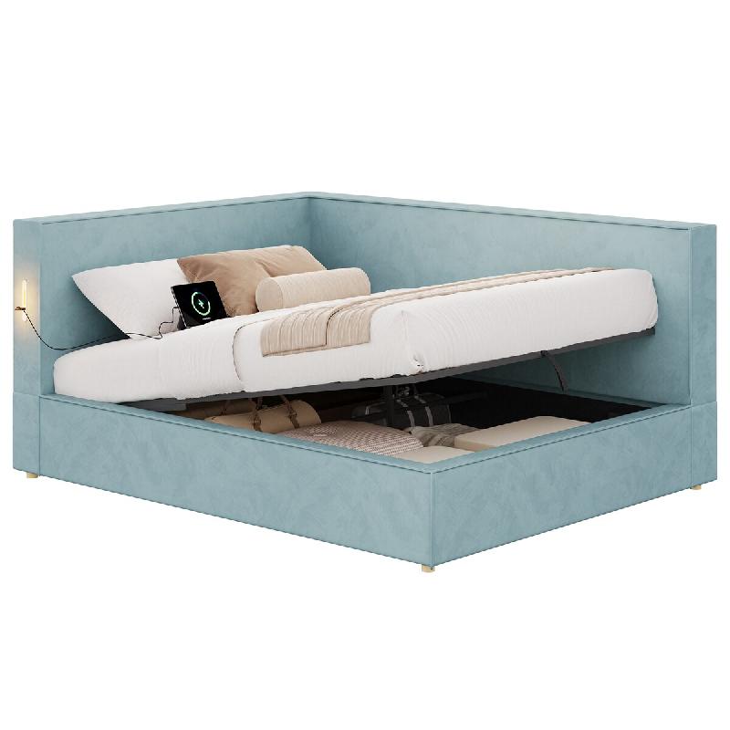Merax Lit de repos rembourré 140 x 200 cm avec rangements hydrauliques, sommier à lattes, LED, ports USB/Type C et velours bleu - bleu multi-matéri_0