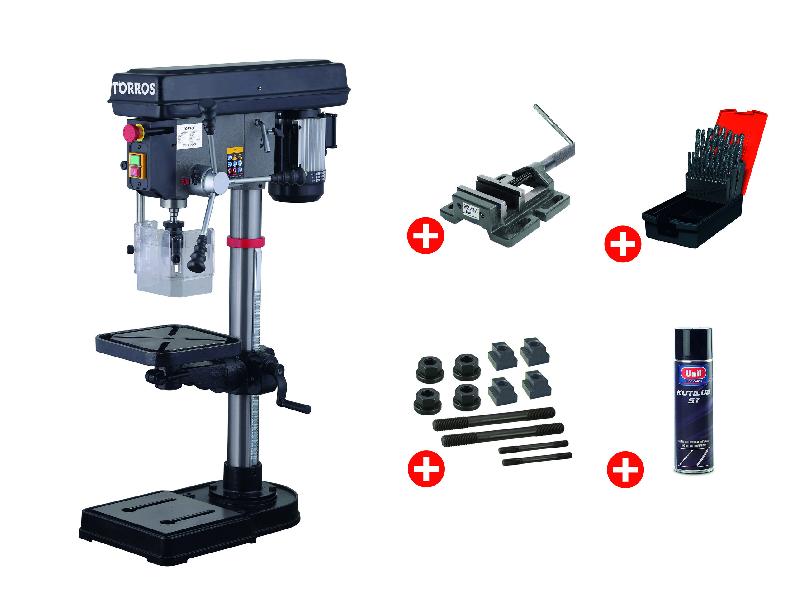Perceuse d'établi professionnelle Torros DT20M - ø 20 mm - CM2 - 600W 230V - Pack avec étau, boulons, mèches et aérosol_0