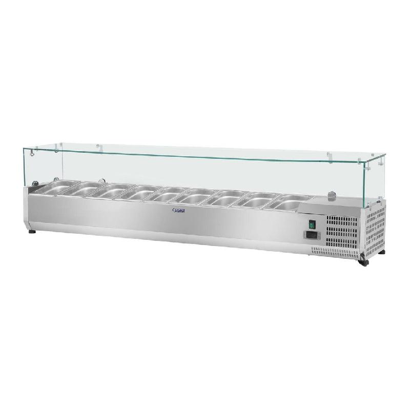 SALADETTE À POSER TABLE COMPTOIR ACIER INOXYDABLE - 180 X 33 CM - 9 BACS GN 1/4 - COUVERCLE EN VERRE 14_0003300_0