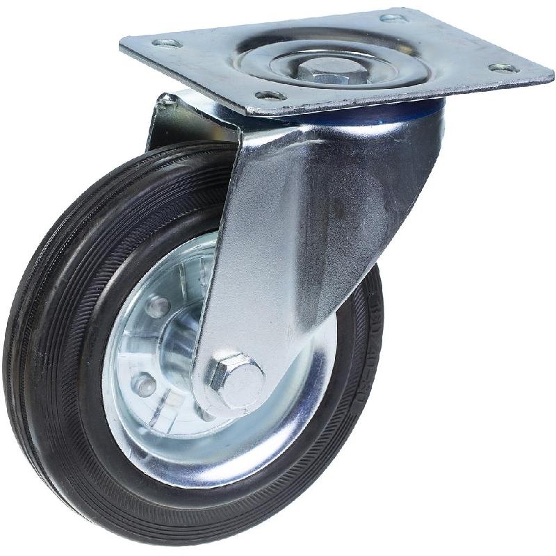 Roulette pivotante de 200 mm en caoutchouc noir sur roue centrale en acier embouti_0