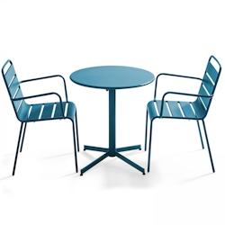 Oviala Business Ensemble table de jardin et 2 fauteuils métal bleu pacific - Oviala - bleu acier 106009_0