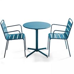 Oviala Business Ensemble table de terrasse et 2 fauteuils métal bleu pacific - Oviala - bleu acier 106009_0