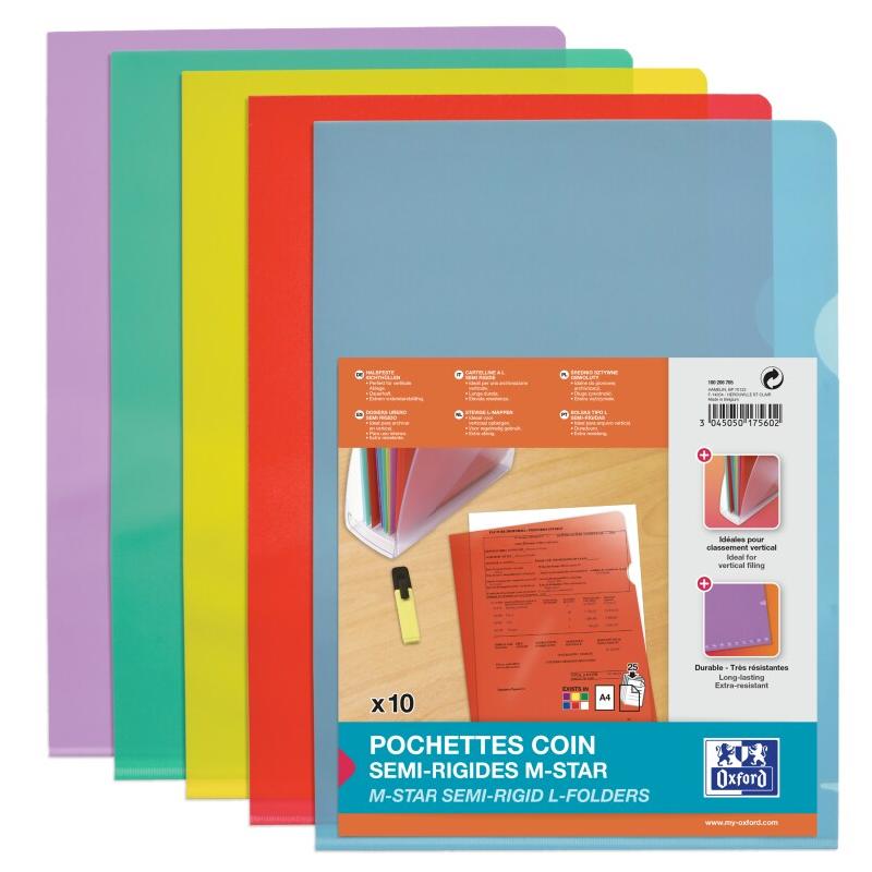 Oxford Lot de 10 Sachet de 10 pochettes coin M Star A4, en PVC souple coloris assortis (5) - 3045050175602_0
