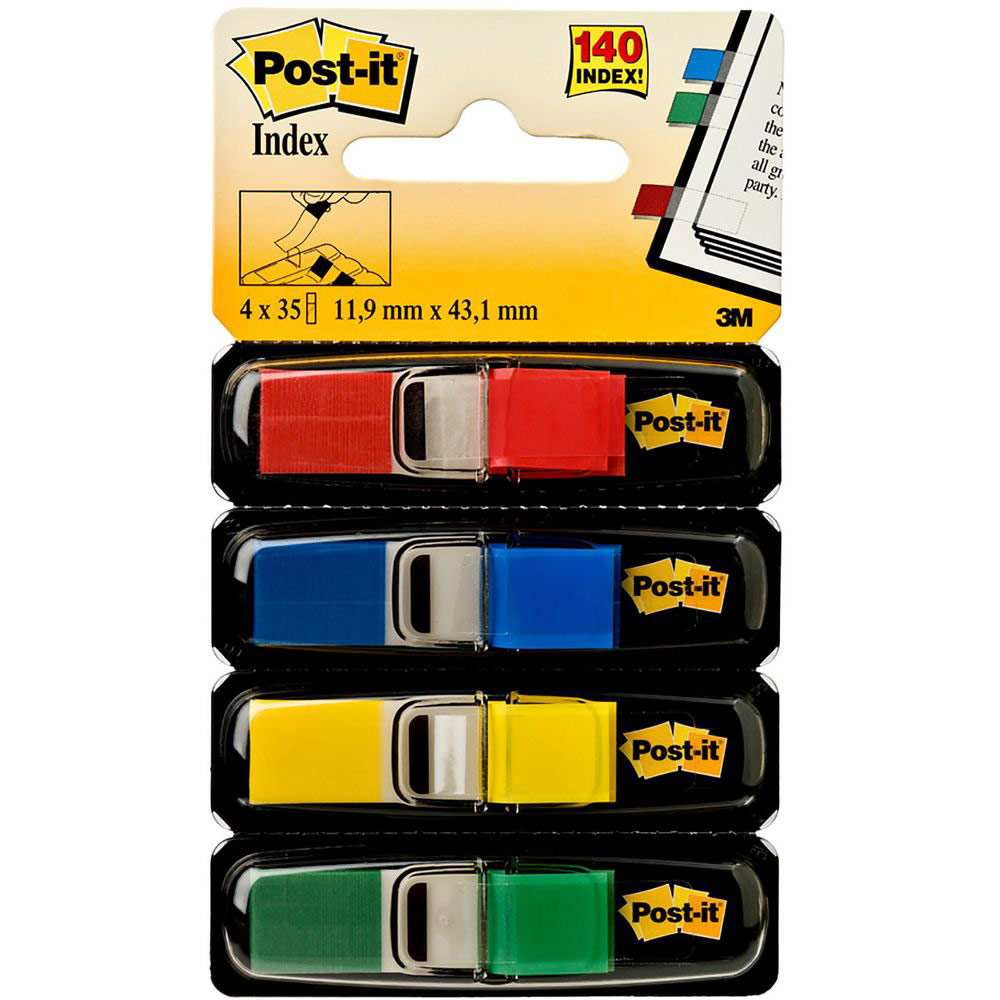 SET DE 4 X 35 MARQUES PAGES INDEX POST-IT - FORMAT ETROIT 1,2 X 4,4 CM - COLORIS CLASSIQUES