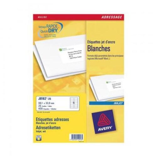 AVERY 400 étiquettes Jet d'encre blanches, format 99,1 x 33,9 mm (25 feuilles A4 / cdt) - 3266550129234_0