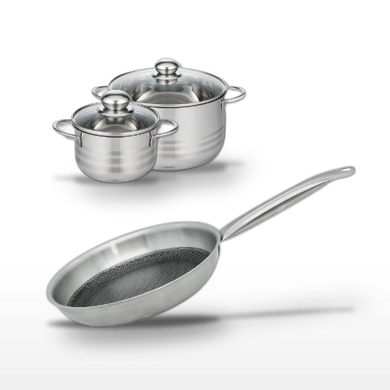 Batterie de cuisine avec 1 poêle de 24 cm et 2 faitouts de 16/20 cm en inox sans PFAS Elo Collection Relief Solution Brillant - gris 3176239941012_0