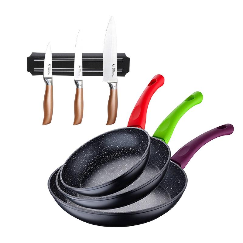 BERGNER - Set de 3 poêles Ø18/Ø22/Ø26cm Jolie en aluminium forgé compatible induction avec Jeu de 3 couteaux en acier inoxydable avec support mur_0