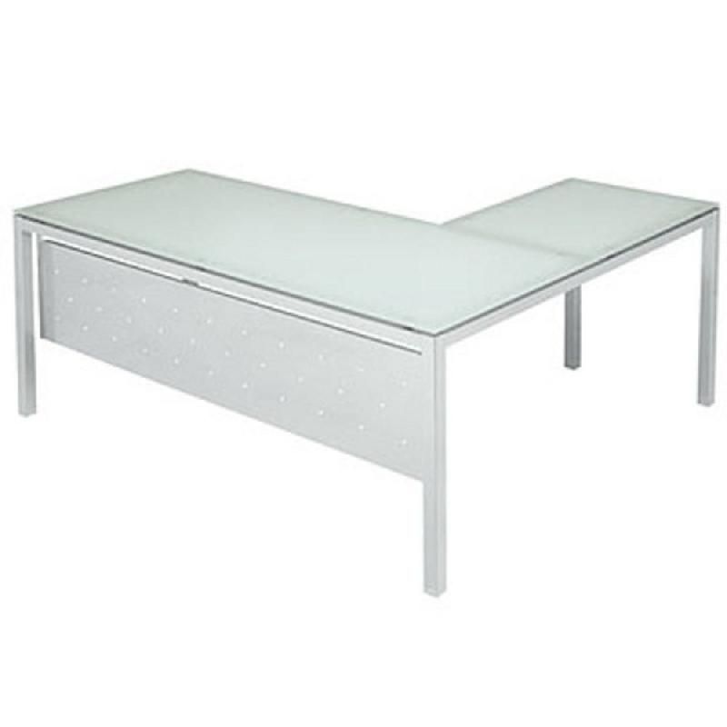 BUREAU DIRECTION DROIT AVEC RETOUR DELUX - L. 180 X P. 160 CM - PLATEAU VERRE AIGUE MARINE - 4 PIEDS CHROMÉ