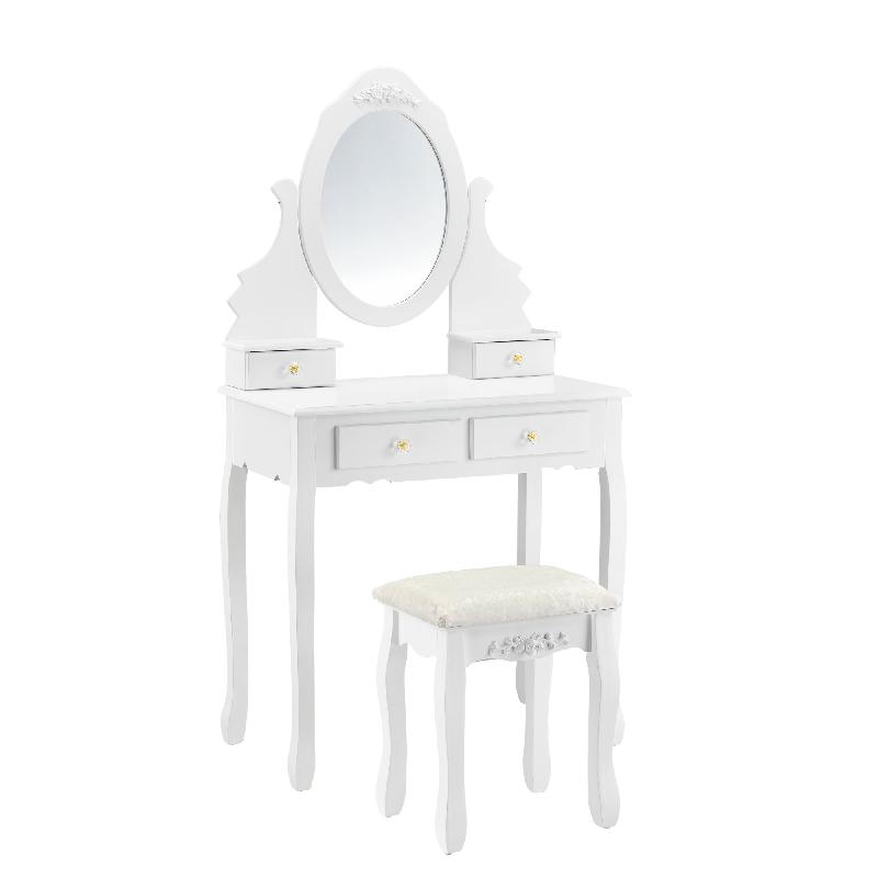 Coiffeuse table de maquillage avec miroir inclinable - 4 tiroirs - tabouret motif fleur - MDF/bois - 141 cm - blanc - réf 03_0001499_0