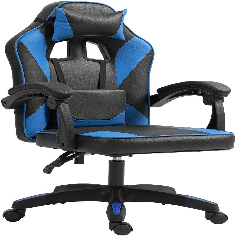 Décoshop26 - Chaise de bureau gaming dossier inclinable 130° sur roulettes avec accoudoirs en similicuir noir et beu et plastique 10_0006951 - noir_0