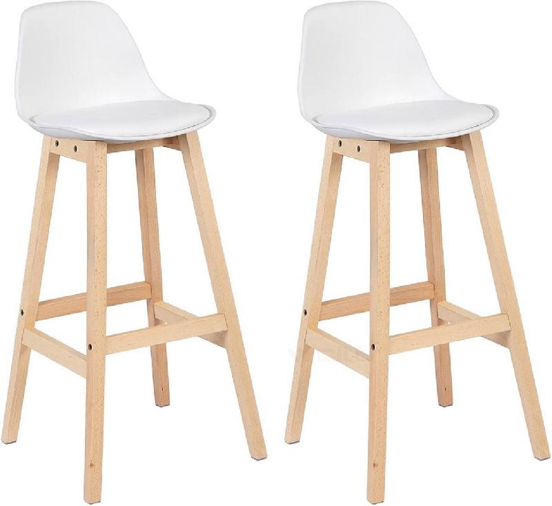 Ensemble de 2 chaises de comptoir - tabourets de bar blancs avec dossier - 96,5 cm - bois massif et cuir synthétique - 19_0000591_0