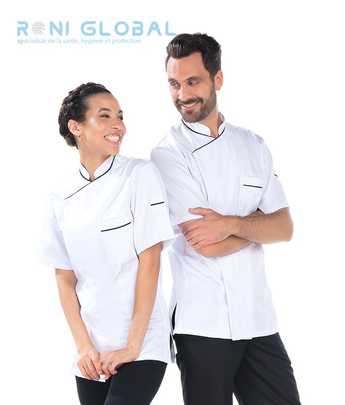 Veste de cuisine unisexe manches courtes 3 poches - Lois Remi Confection - Satin blanc ou Denim bleu_0