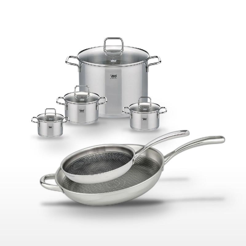 Lot Poêles 32cm & 28cm Elo Relief Evolution avec 4 Faitouts Elo Citrin - gris inox 3176239958379_0