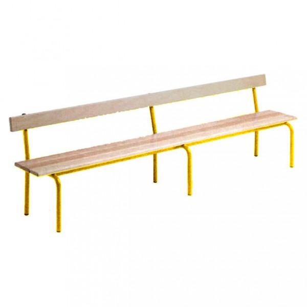 Banc vestiaire avec dossier - pieds epoxy jaune - 1200 mm - 3 lames en hêtre vernis - Rolléco_0