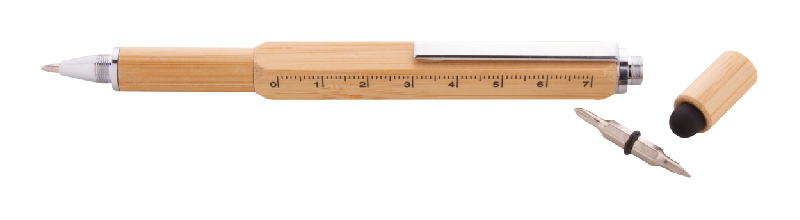 Stylo multifonctions en bambou – Stylet, tournevis, niveau à bulle, règle 7 cm – Encre bleue_0