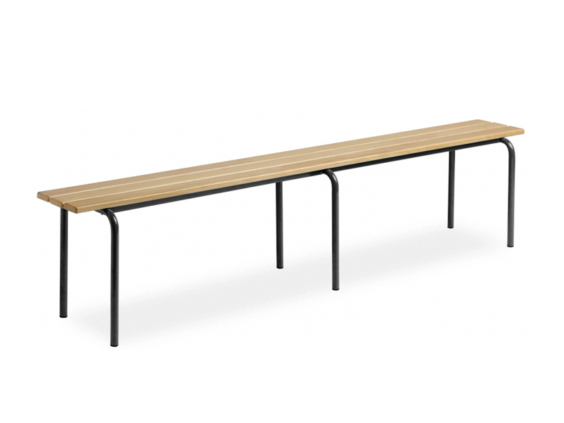 Banc sans dossier Arisaro - Dimensions personnalisables - Lames en hêtre verni - Piètement tube noir 25 mm_0