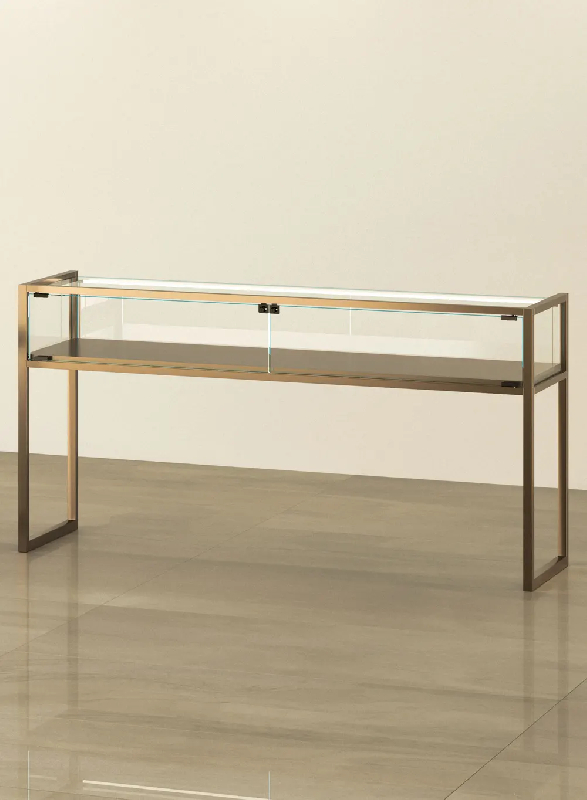 Vitrine TM/150TVA - Gold - Vitrine d'exposition en verre avec structure bronze, LED et pieds réglables_0
