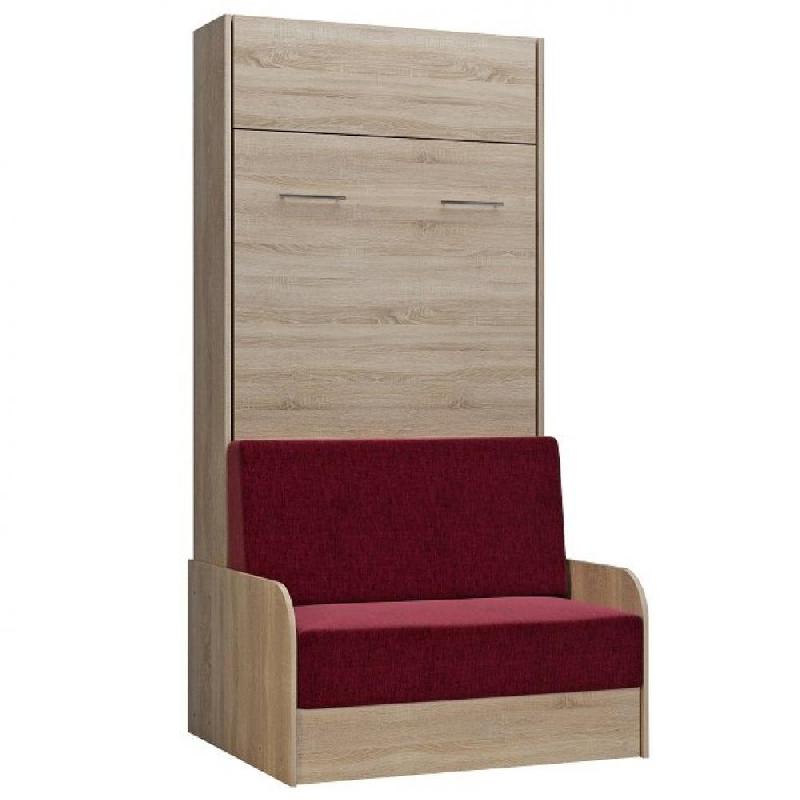 ARMOIRE LIT ESCAMOTABLE DYNAMO SOFA CANAPÉ ACCOUDOIRS CHÊNE NATUREL TISSU ROUGE 90*200 CM_0