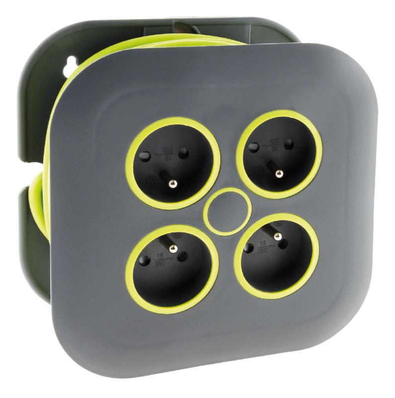 Enrouleur domestique 4 prises 2P+T 16A - coupe-circuit thermique - 7 mètres - Gris/Vert - Zenitech_0