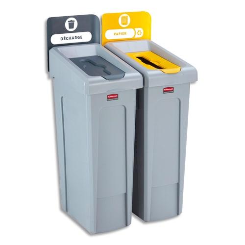 Rubbermaid - Collecteurs Slim Jim 2 bacs - Toit gris et jaune pour déchets courants et papier - Capacité 2 x 87L_0