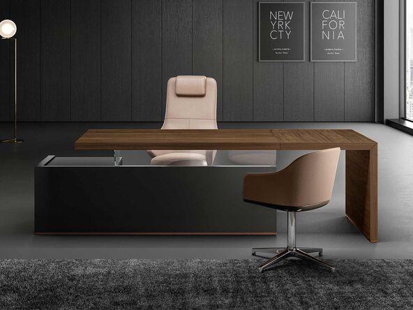 Bureau de direction Maestro avec caisson de rangement et entretois en verre_0