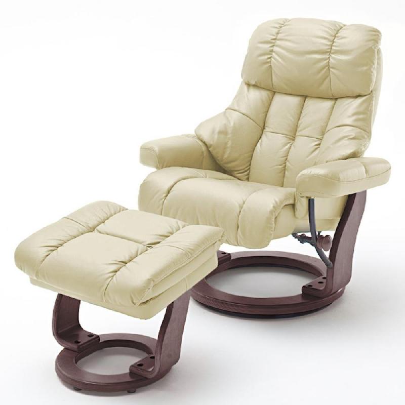 FAUTEUIL RELAX CLAIRAC XL ASSISE EN CUIR CRÈME PIED EN BOIS COULEUR NOYER AVEC REPOSE PIED_0