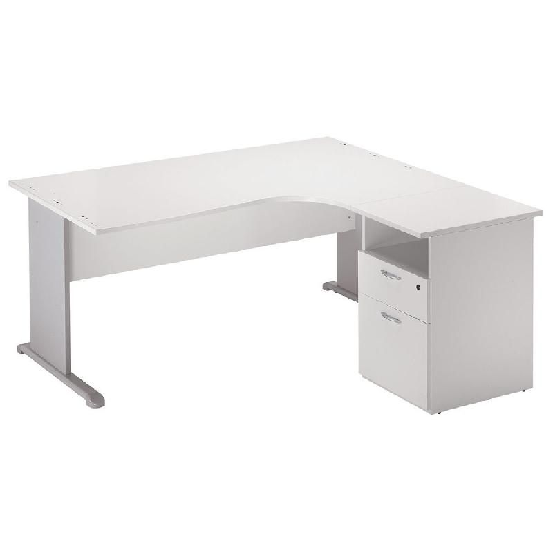 PACK PRONTO TENDANCE : 1 BUREAU COMPACT RETOUR À DROITE BLANC PIEDS ALUMINIUM + 1 CAISSON HAUTEUR BUREAU PROF. 60 CM