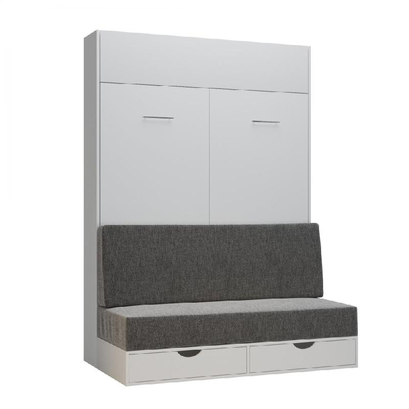 ARMOIRE LIT ESCAMOTABLE DYNAMO SOFA CANAPÉ TIROIRS BLANC MAT ET MICROFIBRE GRIS COUCHAGE 140 X 200 CM_0